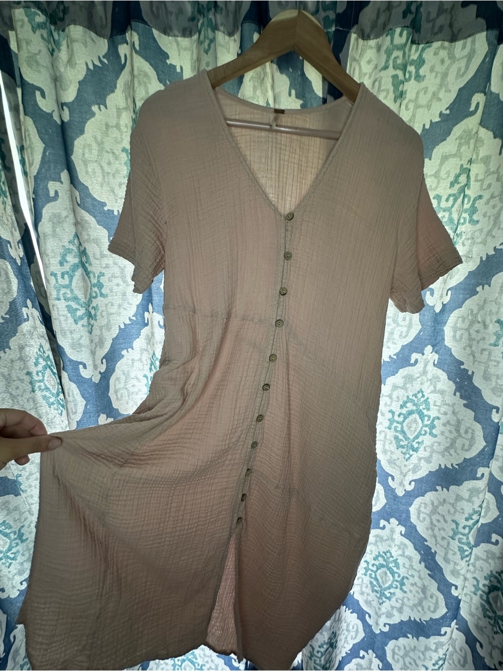Free People Blush Gauze Button Front Midi Dress Oversized Boho Dusty Mauve